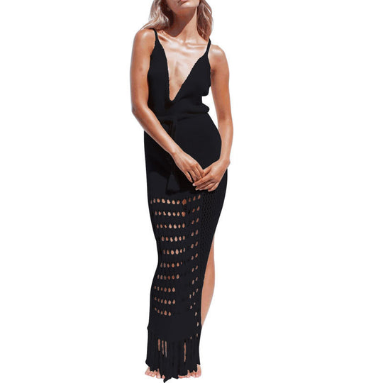Knitted Waist Pull Belt Beach Cover up Sexy Cutout Maxi Dress Casual Vacation Beach Cover Up
