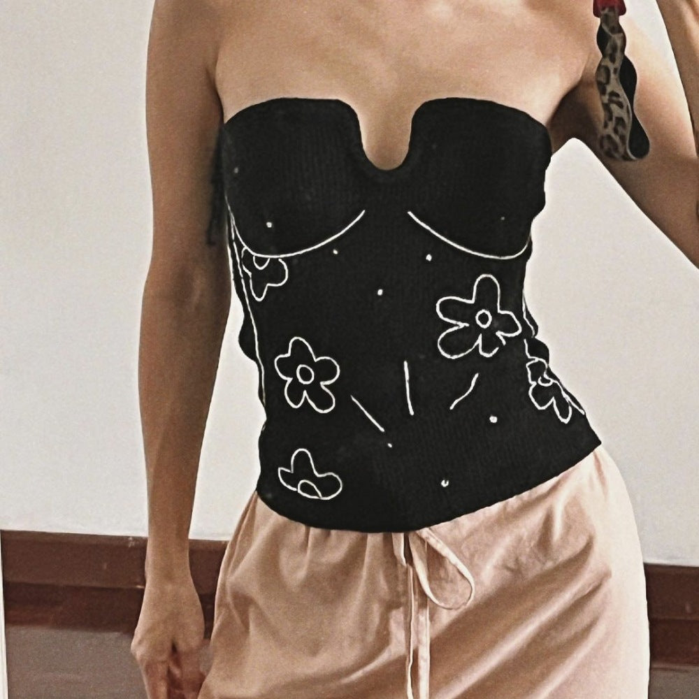 Summer Sexy Sexy Knitted Floral Embroidered Wrapped Chest Short Top Vest Outer Wear Women