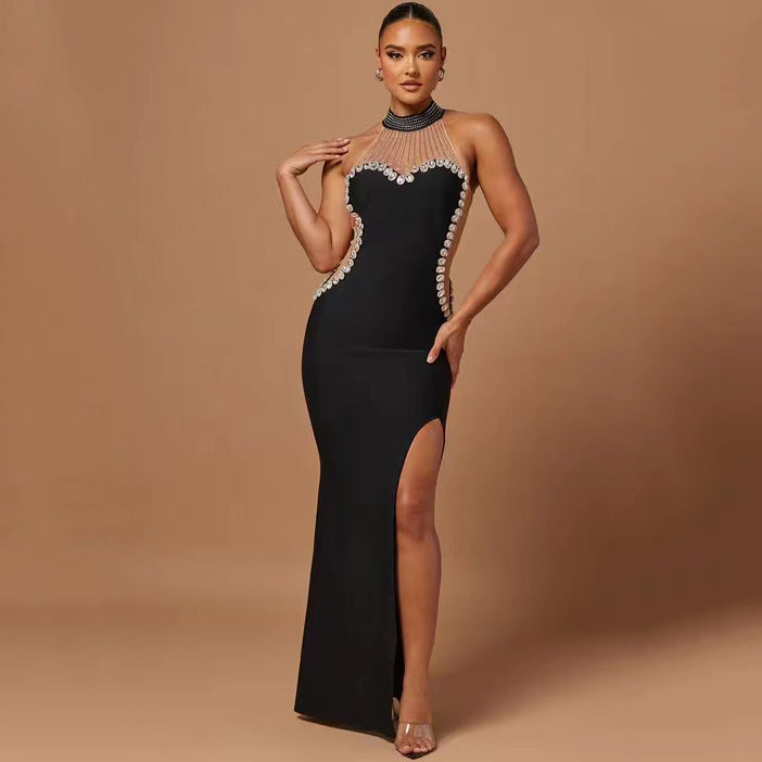 Sexy Sheer Mesh Drilling Bandage One Piece Dress Ladies Party Slit Formal Dress Maxi Dress