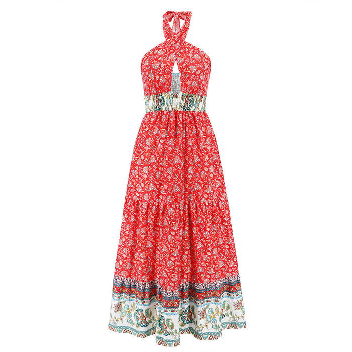 Sexy Crossover Lace up Halterneck Summer Criss Cross Women Clothing Bohemian Vintage Floral Dress