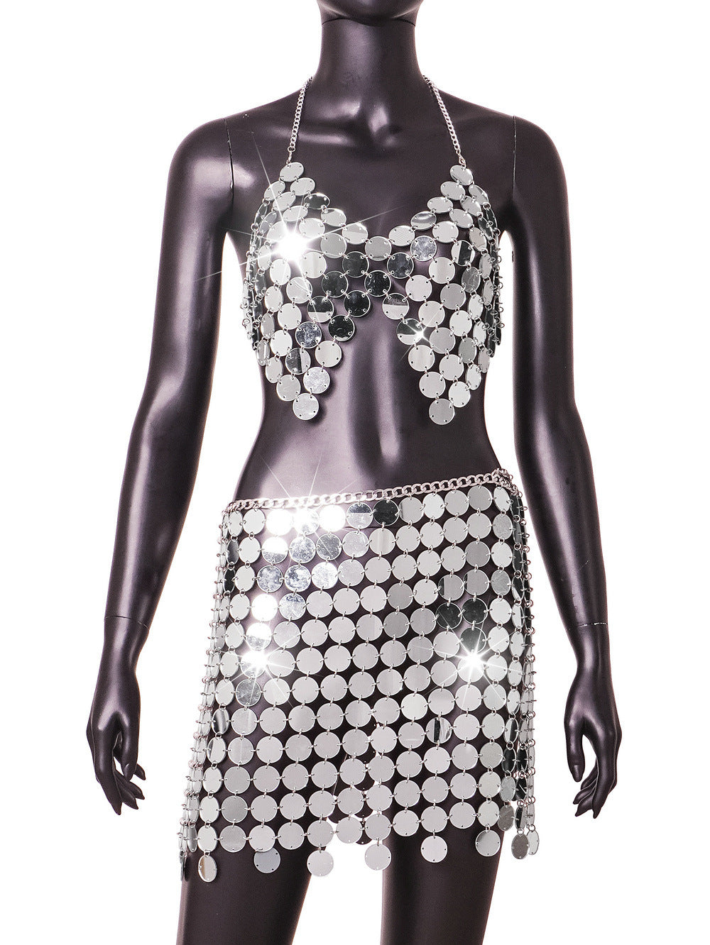 Sexy Nightclub Mirror Flash Color Backless Women Skirt Set