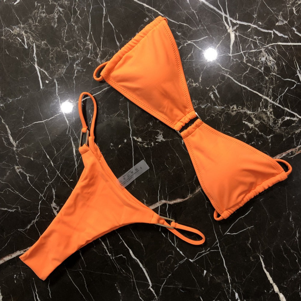 Women Solid Color Double-Sided Nylon Split Tube Top Drawstring Sexy Multi-Color Bikini Swimsuit