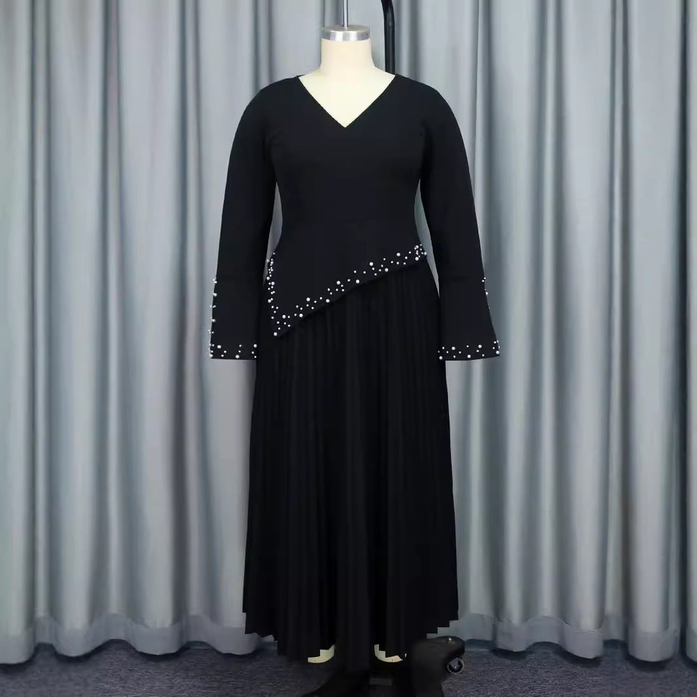 V neck Bell Sleeve Simple A line Dress Party Cocktail Beaded Dress Dresses