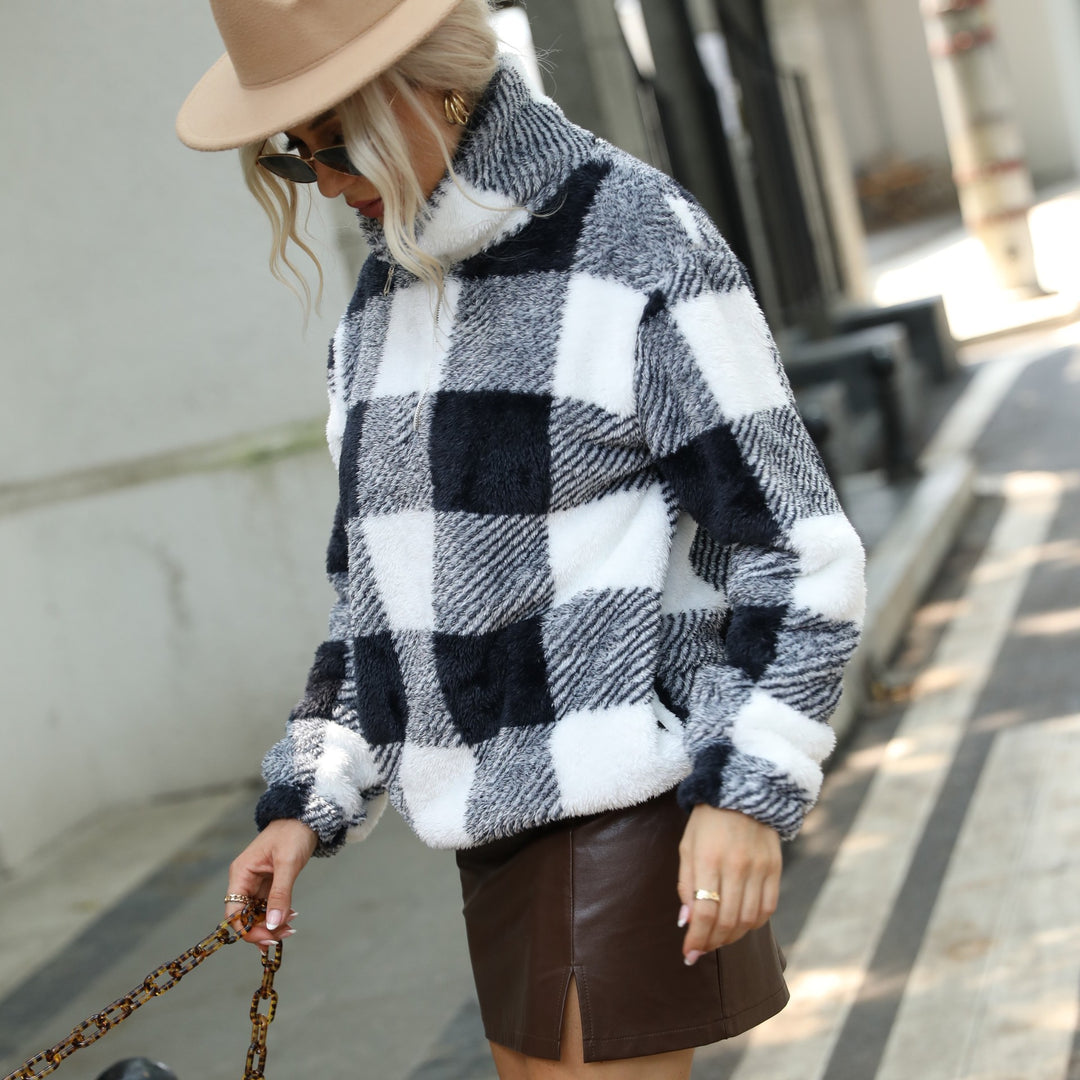 Ladies Long Sleeve Pullover Plaid Printed Round Neck Plush Regular Plush Pullover Sweater