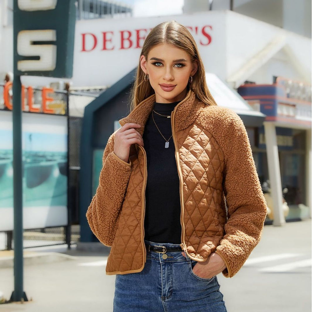 Autumn Winter Women Clothing Cardigan Zipper Long Sleeve Plush Stitching Coat Women