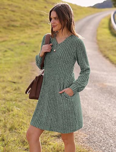 Women Clothing V Neck Pocket Sunken Stripe Brushed Long Sleeve Casual Dress