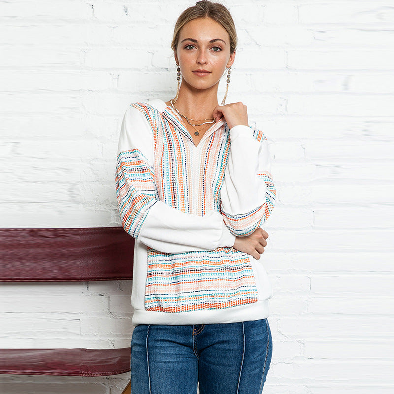 Autumn Winter Color Matching Knitted Hoodie Women Casual Loose Texture Stitching Long Sleeved Top