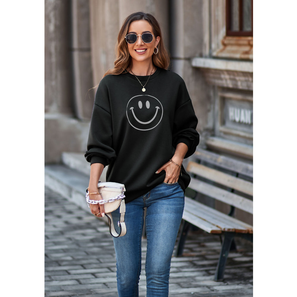 Autumn Winter Smiley Sweatshirt Round Neck Drop Shoulder Loose Pullover