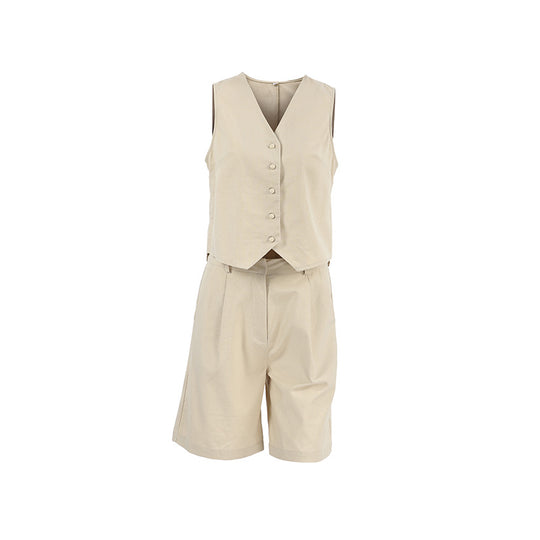 Khaki Cotton Linen Sleeveless Vest Waistcoat Pants Summer Arrival Two Piece Set