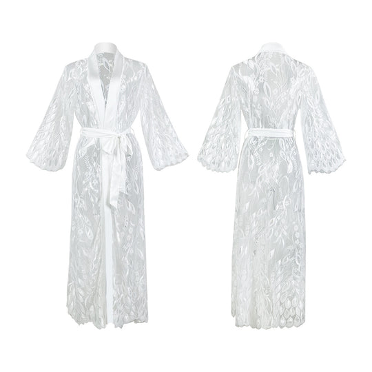 Ladies Robe Sexy Lace Stitching Pajamas Bathrobe Cardigan See Through Pajamas