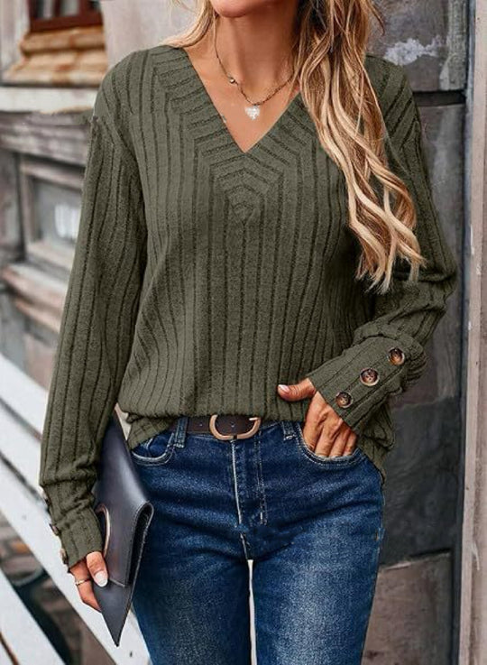 Women Clothing Autumn Winter Rib Sunken Stripe V neck Button Long Sleeved Sweater for Women