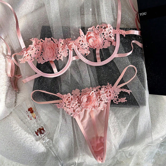 Sexy Underwear Valentine Day Floral Bra T Back Women Two Piece Suit