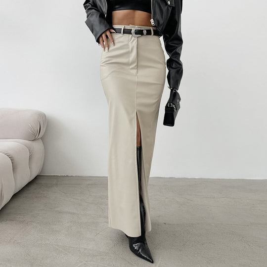 Autumn Premium Elegant Fleece Lined Matte Leather High Waist Slim Fit Sexy Slit Straight Skirt Women Wear No Belt