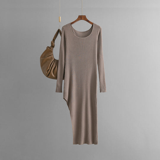 Knitted Dress Autumn Solid Color Slim Fit Slit Long Tight Bottoming Hip Dress