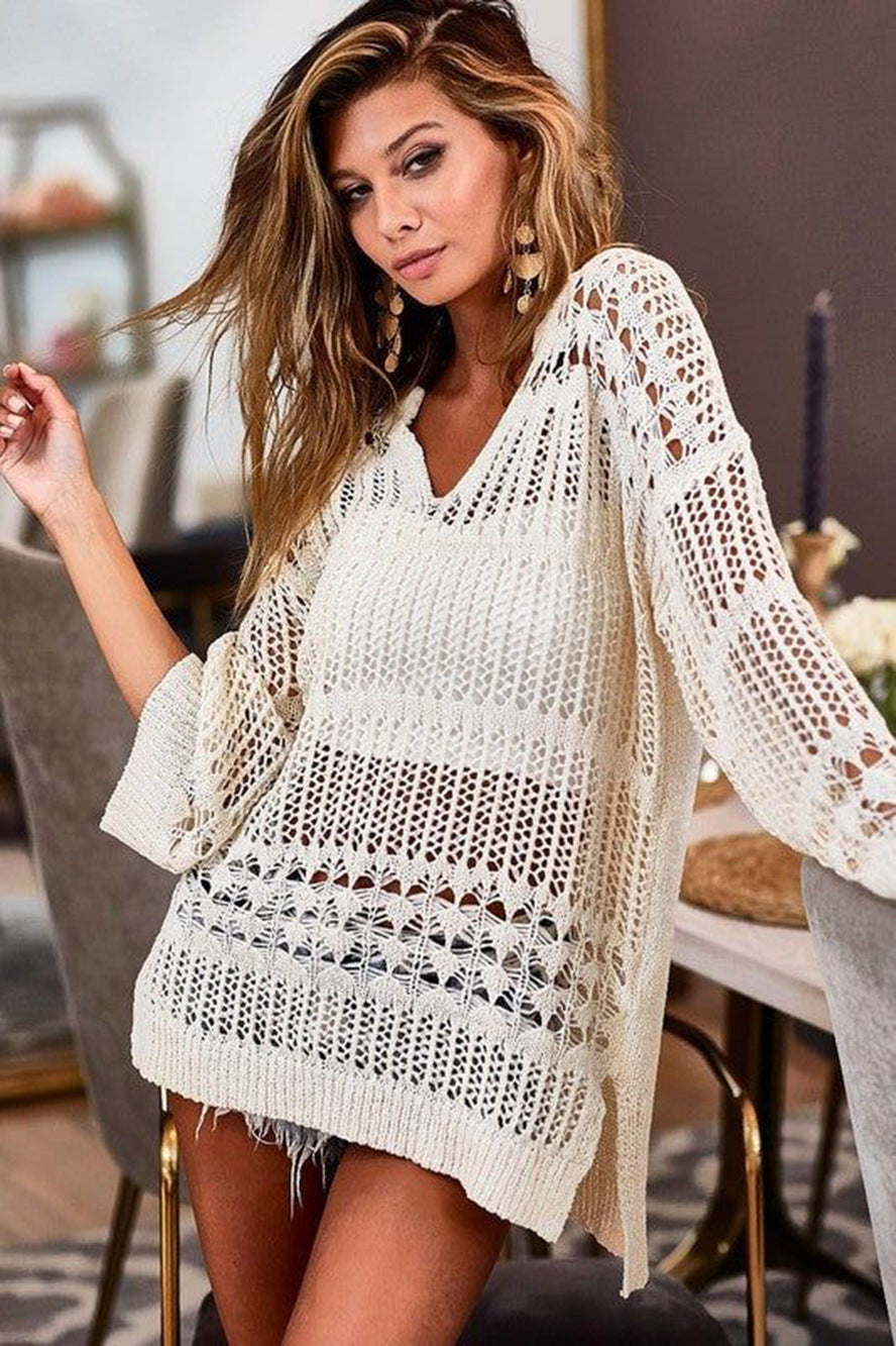 Knitted Beach Cover up Sexy Hollow Out Long Sleeved Vacation Sun Protection Shirt Beach Cover Up