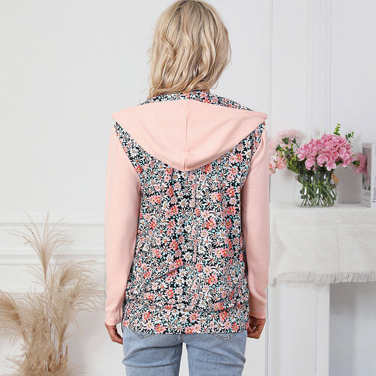 Casual Floral Print Pullover for Women Autumn Loose Half Zipper Contrast Color Hooded Sweatshirt for Women