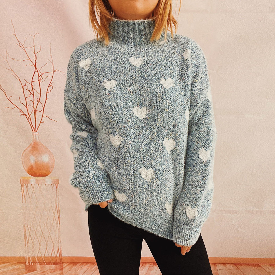 Autumn Winter Chenille Half Turtleneck Knitted Pullover Love Jacquard Long Sleeve Sweater