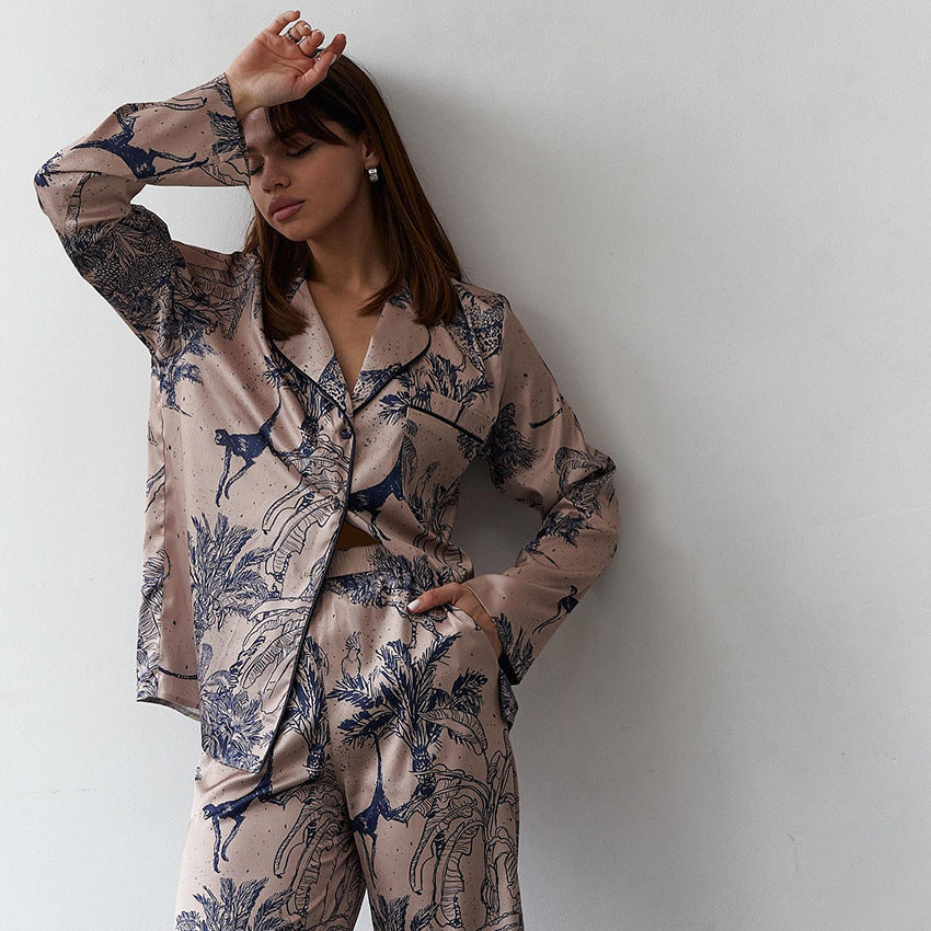 Autumn Imitated Silk Pajamas Long Sleeved Trousers Two Set Loose Comfort Printing Home Wear for Women