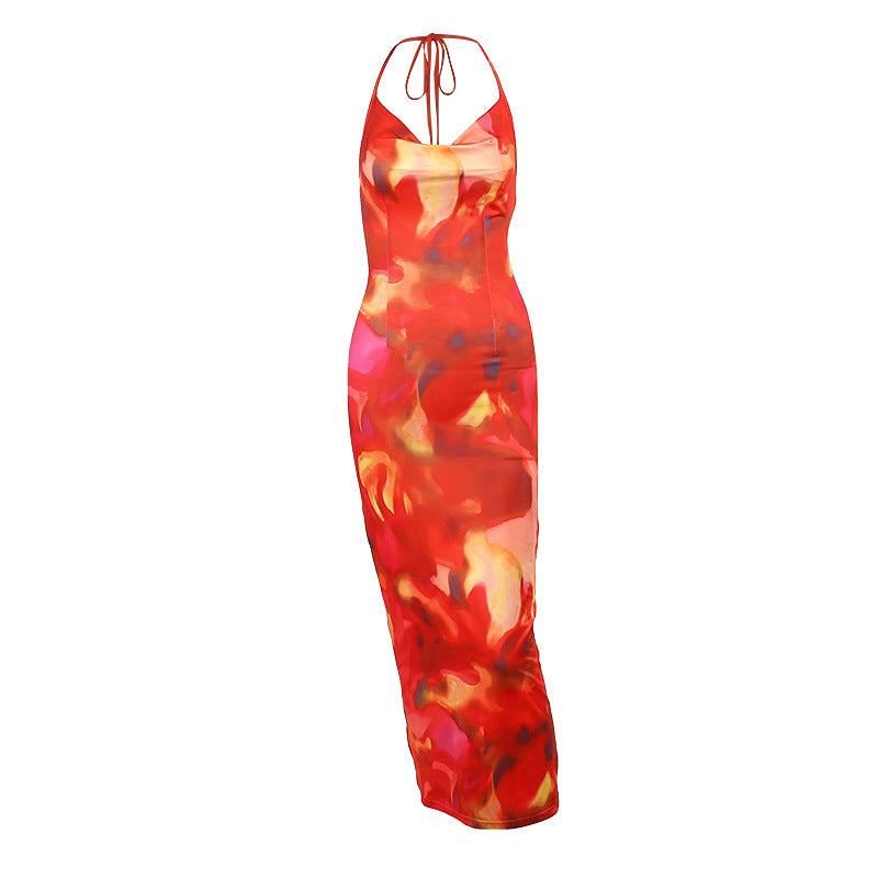 Spring Holiday Sexy Printed Pockets Collar Backless Strap Dress for Women