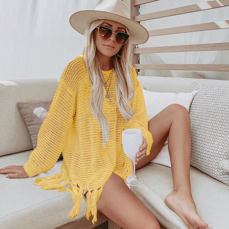 Hollow Out Cutout Knitted Tassel Beach Cover Up Seaside Vacation Bikini Cover Swimsuit Outwear Sun Protection Clothing Women
