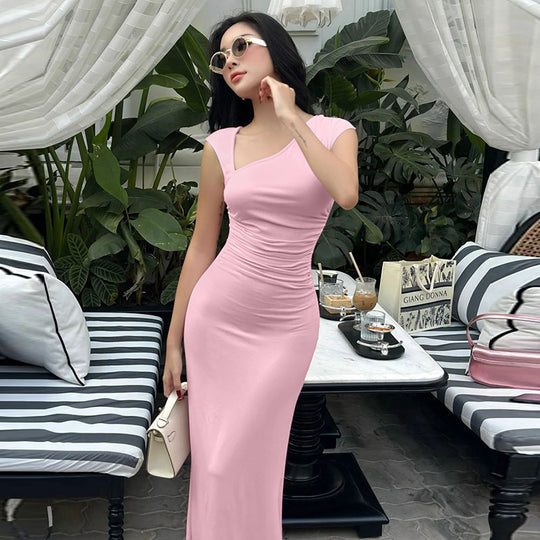 Summer Women Clothing Solid Color Sleeveless Slant Shoulder Design Waist Show Maxi Dress