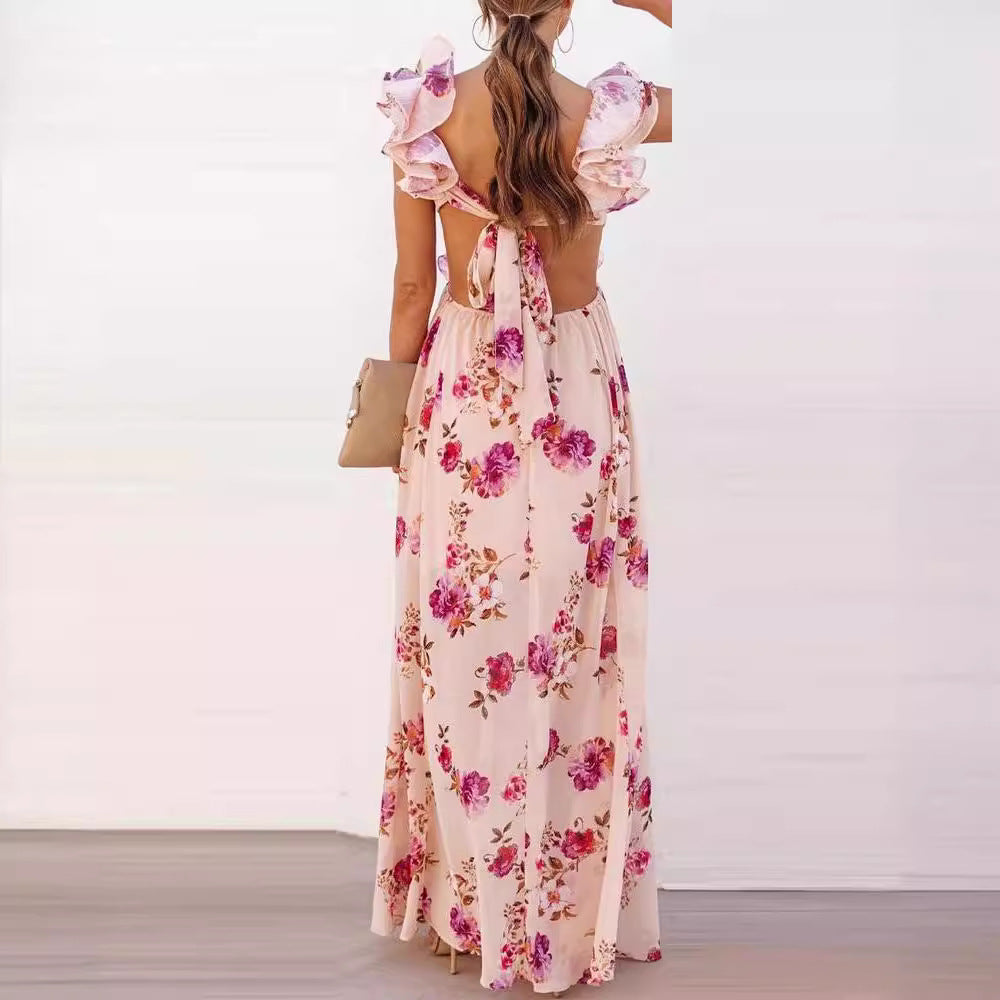 Arrival Women Floral Printing off the Shoulder Stitching Backless Summer Maxi Dress