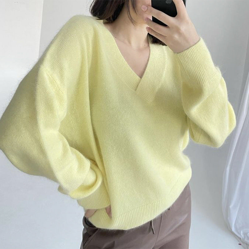 Autumn Winter Super Soft V Neck Mink Like Clothing Women Idle Loose Knitted Sweater Women