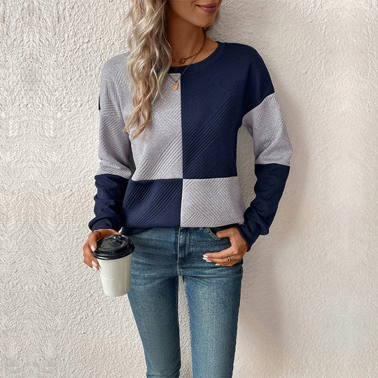 Women Clothing Autumn Long Sleeve Color Matching Round Neck Pullover Women