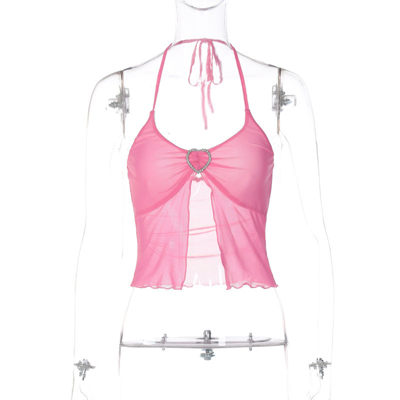 Sexy Pink Mesh Stitching Wrapped Chest Halter Vest