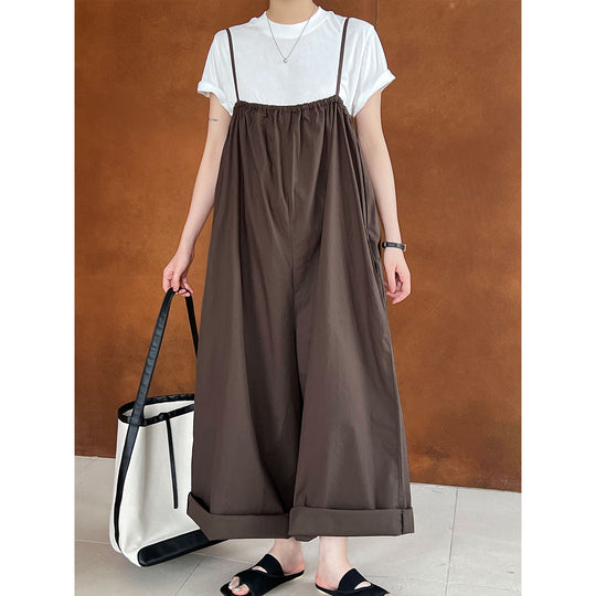 Flat Strap Women Summer Casual Loose All Matching Straight Flanging Wide Leg Suspender Pants