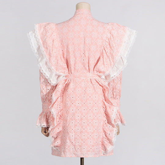 French Sweet Summer Stand Collar Half Sleeve Ruffled Short Stitching Bell Sleeve Women Dress