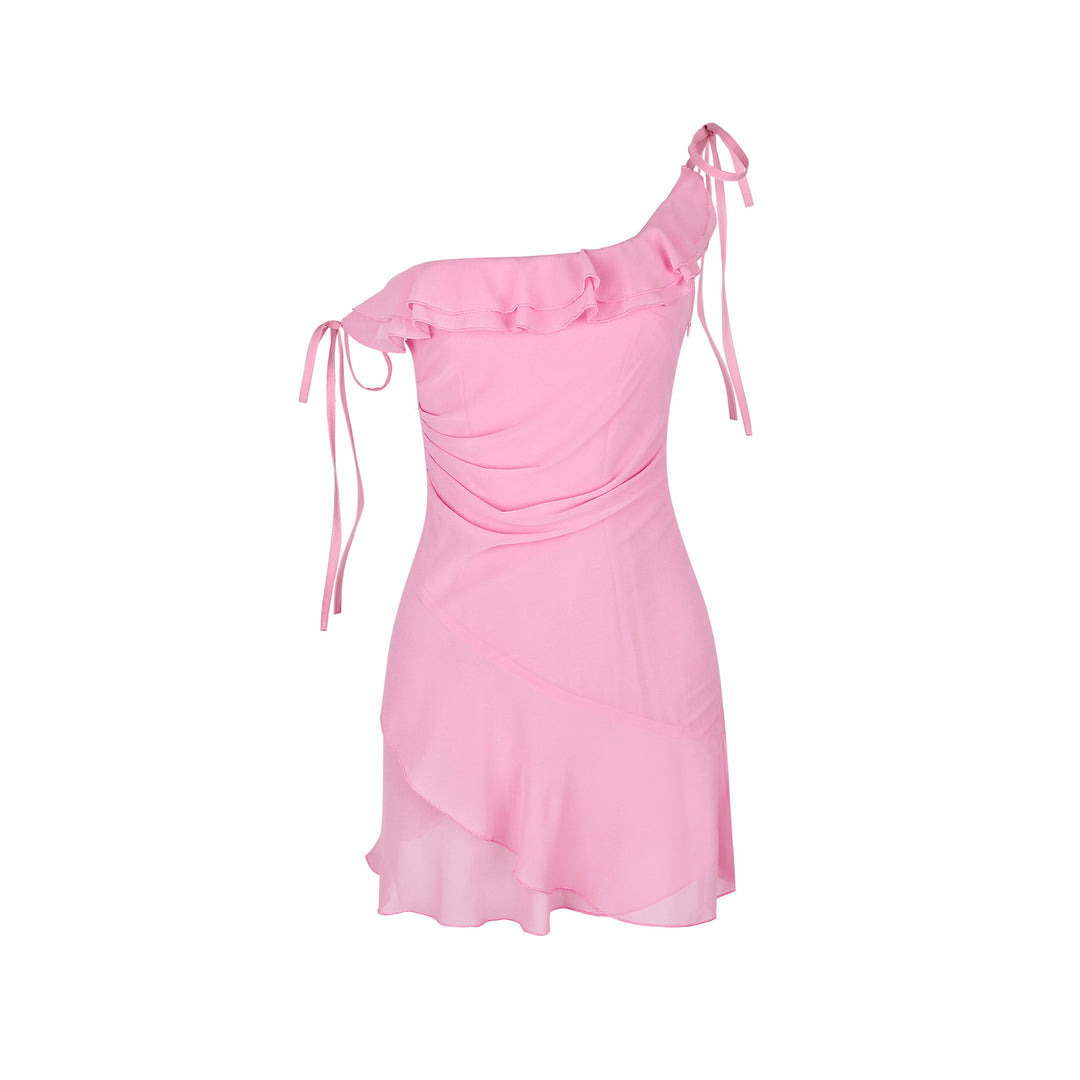 Sexy Women High Grade Chiffon Ruffled Oblique Shoulder French Dress Sweet Spicy Pink Small