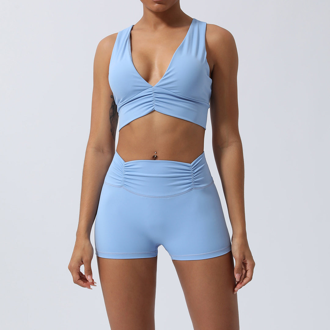 Spring Summer Nude Feel Yoga Suit Sexy Beauty Back Sports Bra Pleated Hip Lifting Shorts Workout Clothes