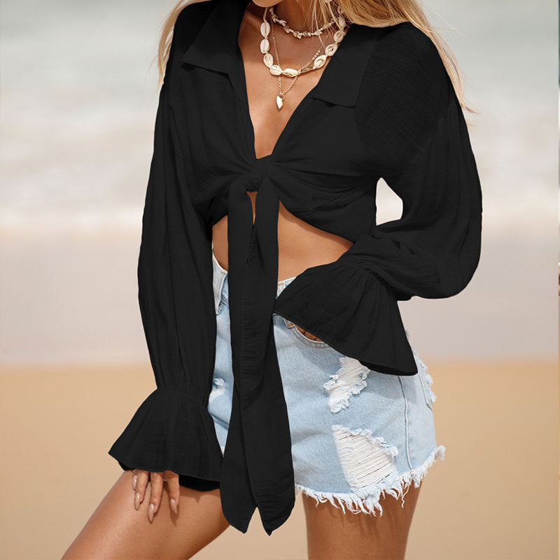 Beach Cover Up Sun Protection Front Lace Up Slub Cotton Shirt Long Sleeve Beach Sun Protection Shirt Women