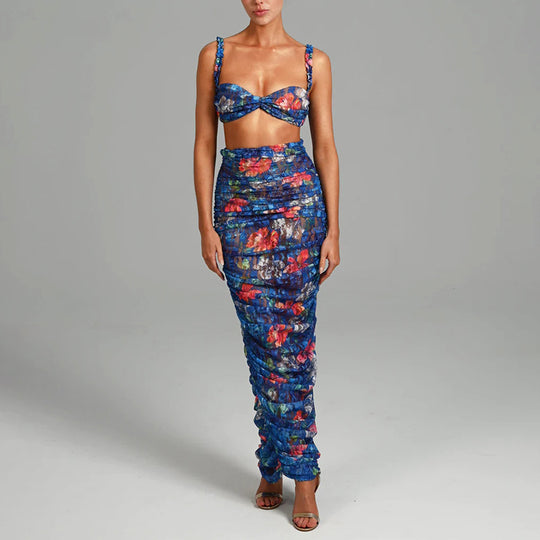 Summer Sexy Print Strap Backless Pleated Skirt Set