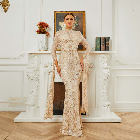 High End Sexy Long Sequined Long Sleeve Round Neck Cocktail Evening Dress Bridesmaid Dress Dress Women