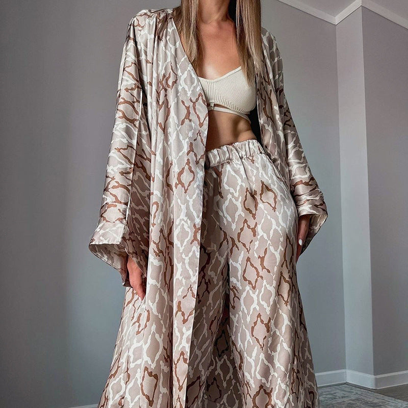 French Sexy Elegant Artificial Silk Printed Loose Long Sleeves Nightgown Trousers Two Piece Set Autumn Winter Home Wear