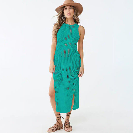 Knitted Sexy Hollow Out Cutout Split Beach Cover-up Dress Vacation Sun Protection Shirt Beach Cover Up