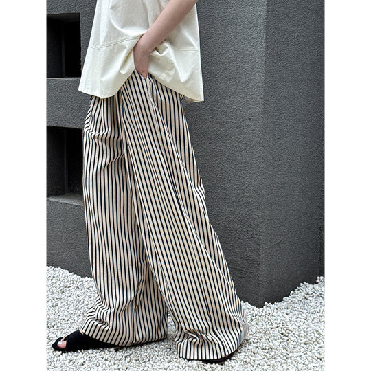 Drooping Loose Feeling Striped Wide Leg Pants Women Elastic Waist Casual Pants Minimalist All Match Lazy Pants