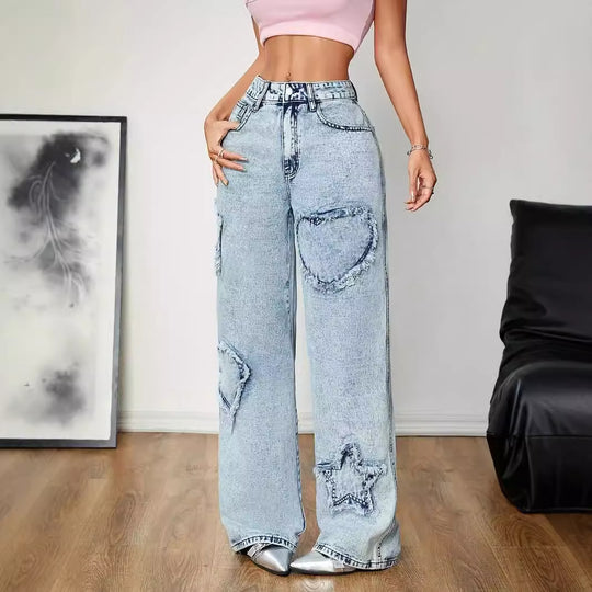 Retro Jeans Women Spring Autumn Street Five Pointed Star Embroidery Baggy Straight Trousers High Waist