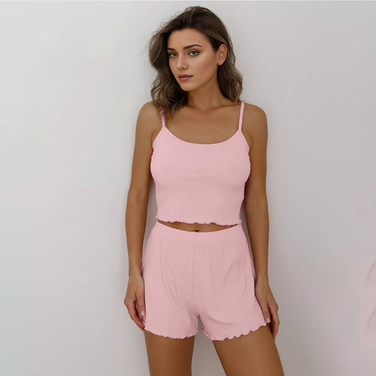 Summer Cool Suspender Shorts Ladies Homewear Soft Comfortable Pink Pajamas Two Piece Set