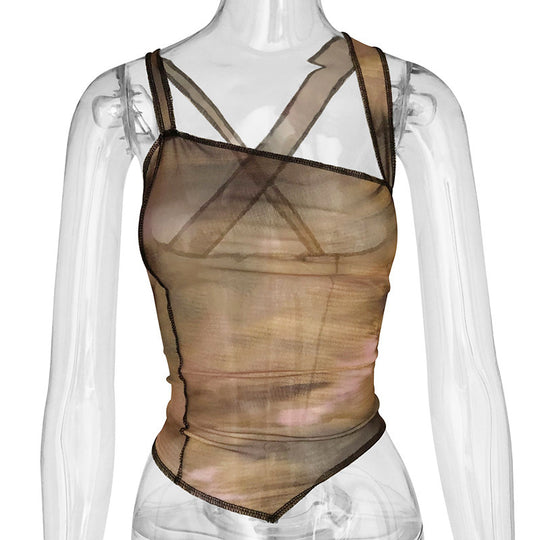 Summer Women  Clothing Sexy Mesh See through Shoulder Irregular Asymmetric Top Vest