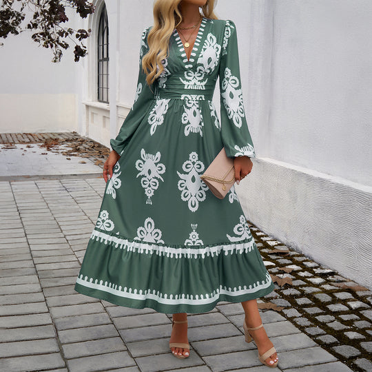 Autumn Winter Dress Women Elegant Printed V Neck A Line Dress