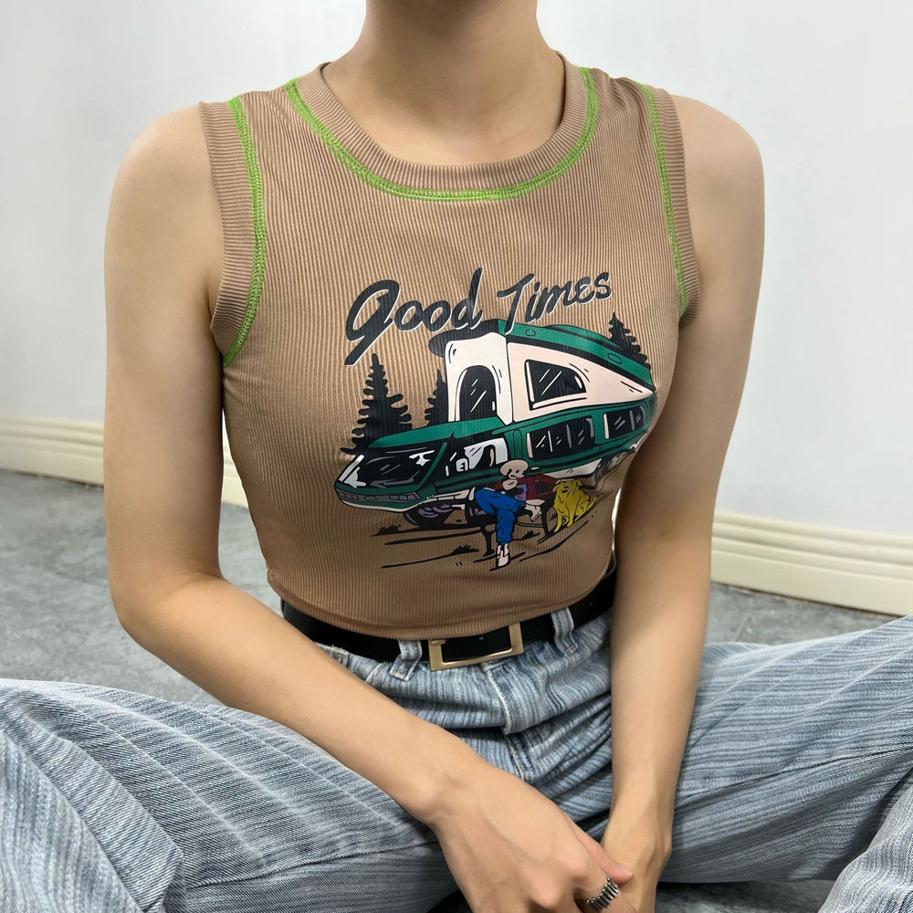 Retro Sexy Sleeveless Vest T shirt Women Summer Trendy Printed Slim Fit Crop Top Short Top