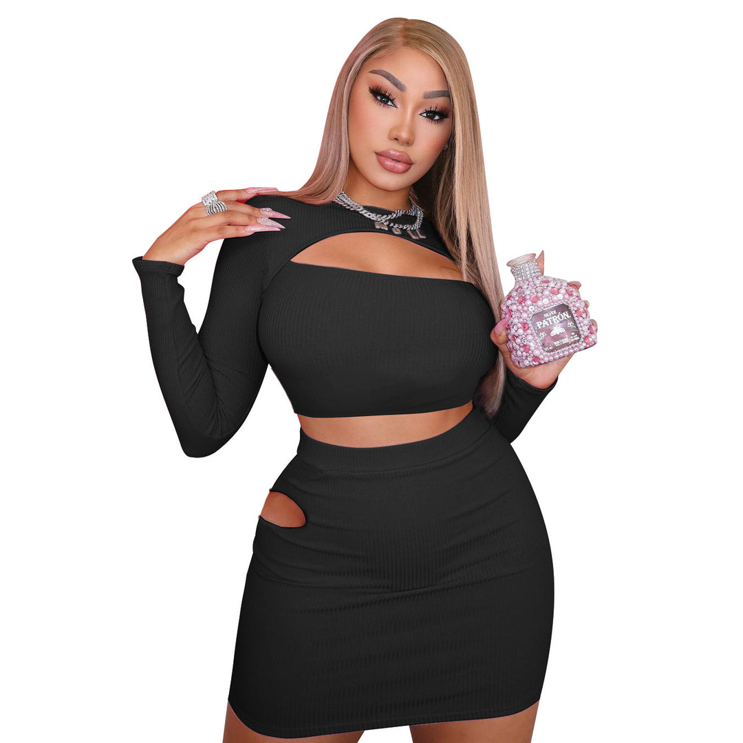 Spring Women Clothing Sexy Hollow Out Cutout Tight Skirt Long Sleeve T shirt Suit