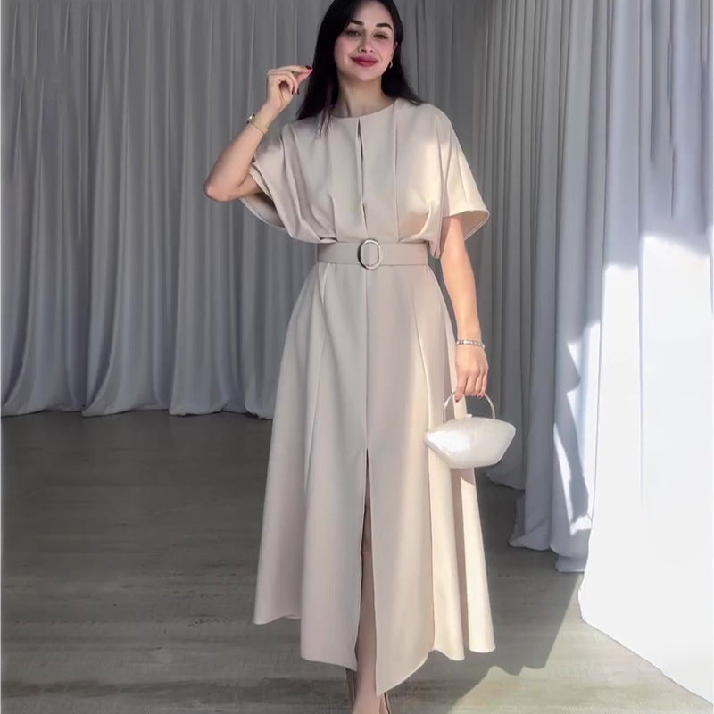 Solid Color round Neck Short Sleeves Dress Belt Slim Fit Maxi Dress