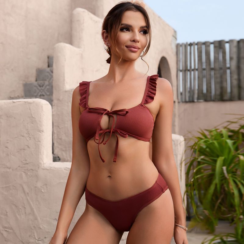 Bikini Solid Color Ruffles Swimsuit with Shoulder Straps Cutout Lace up Split Swimsuit