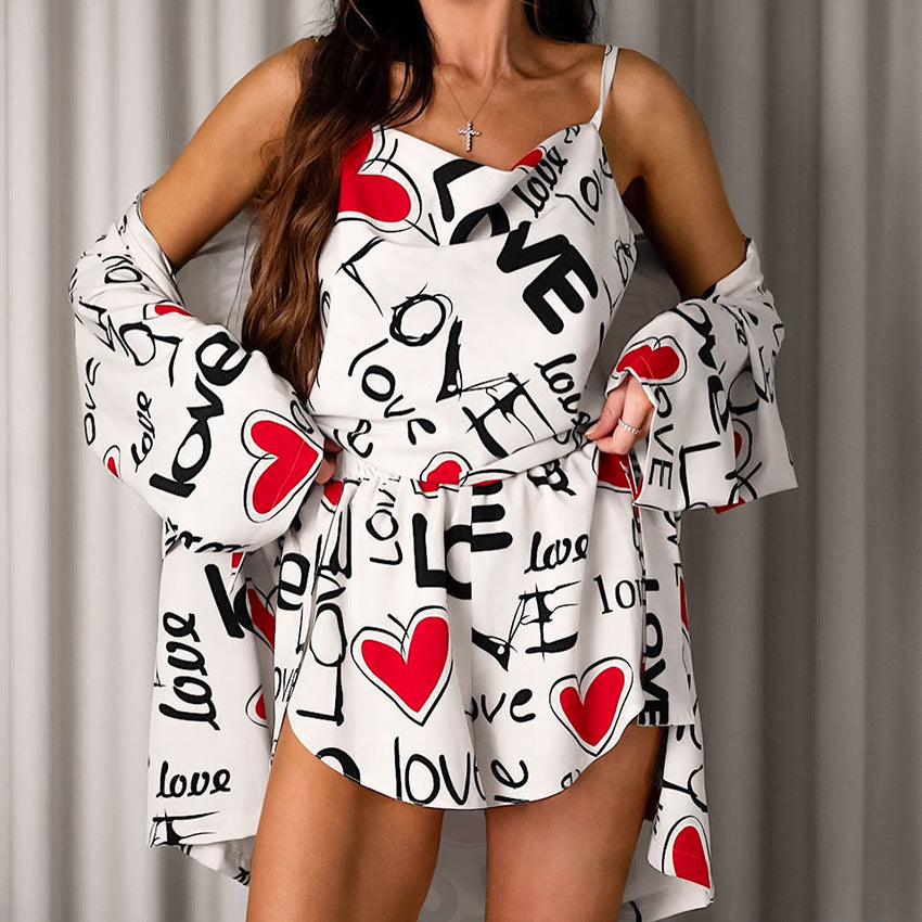 Summer Thin Letter Graphic Printing Long Sleeve Spaghetti Strap Slit Shorts Three Piece Set Ladies Homewear