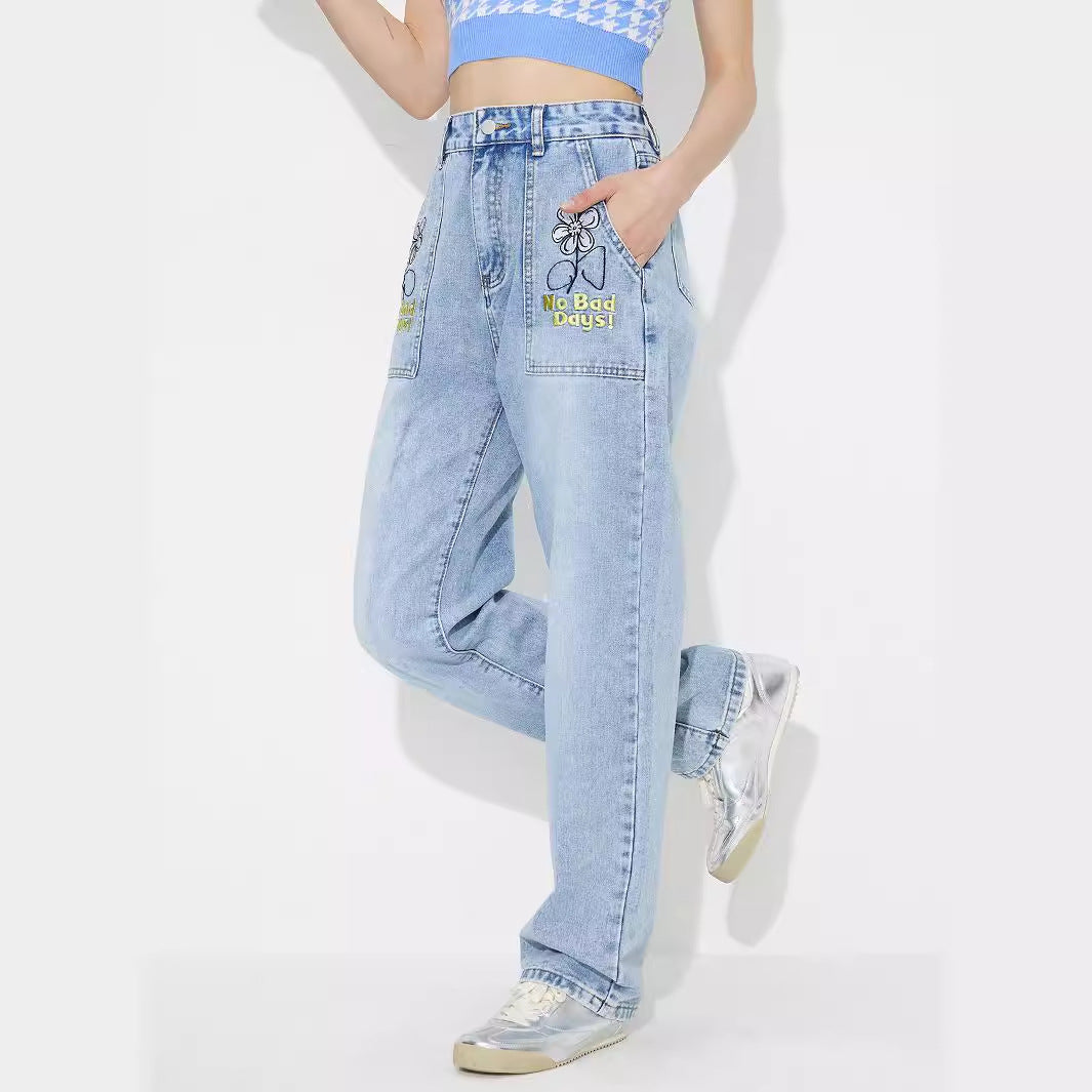 Women Clothing Straight Embroidered Loose High Waist Denim Trousers