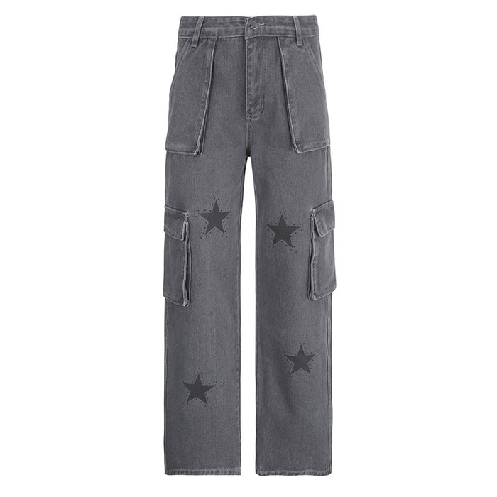 Street Retro Low Waist Denim Overalls  Printed Large Pocket Design Straight Casual Pants